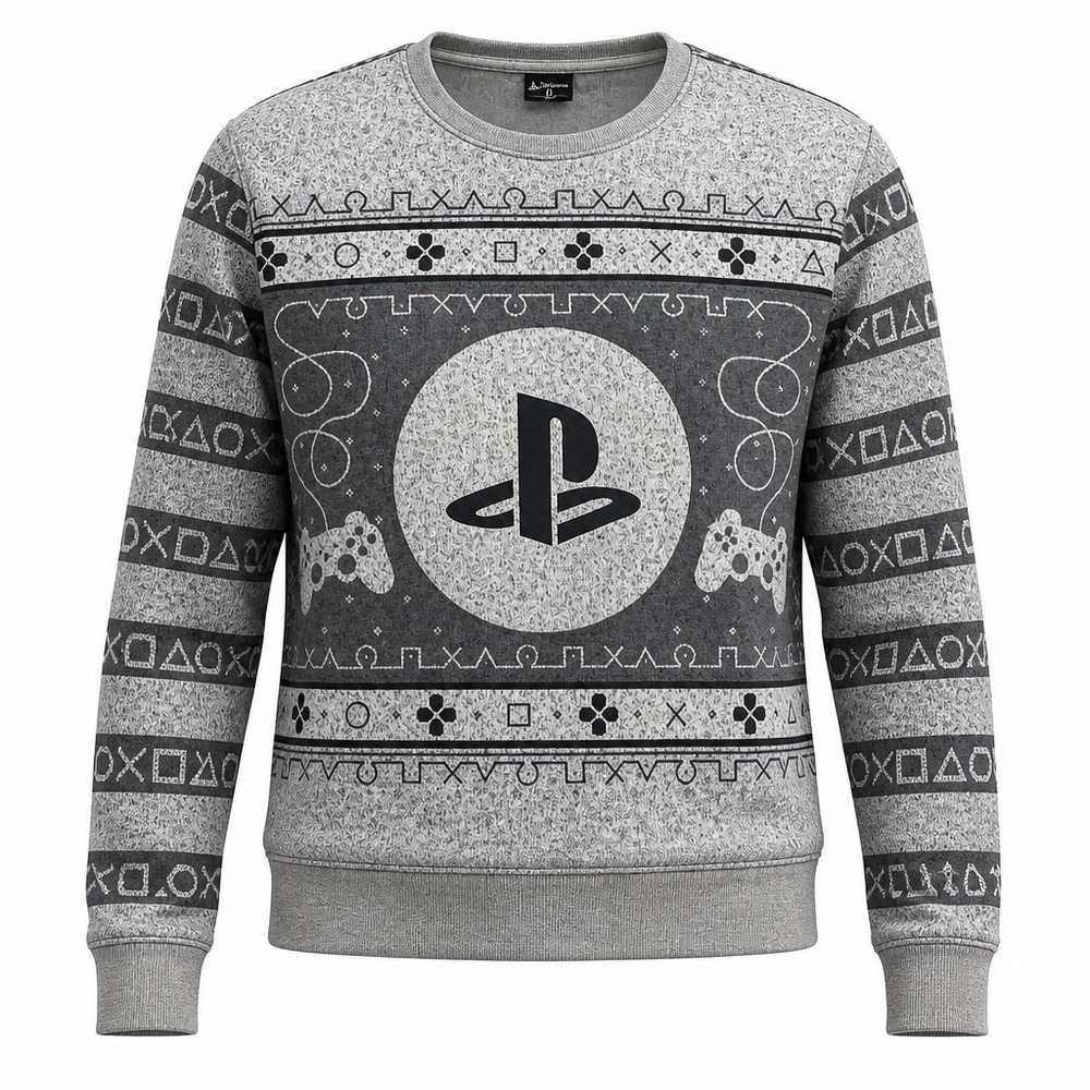 PlayStation Sweatshirt Mens XL Gray Holiday Fair Isle Gamer Pullover - Picture 1 of 9